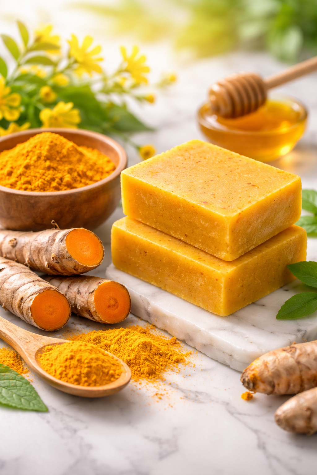 Turmeric soap bars with fresh turmeric root and turmeric powder showing natural skincare ingredients