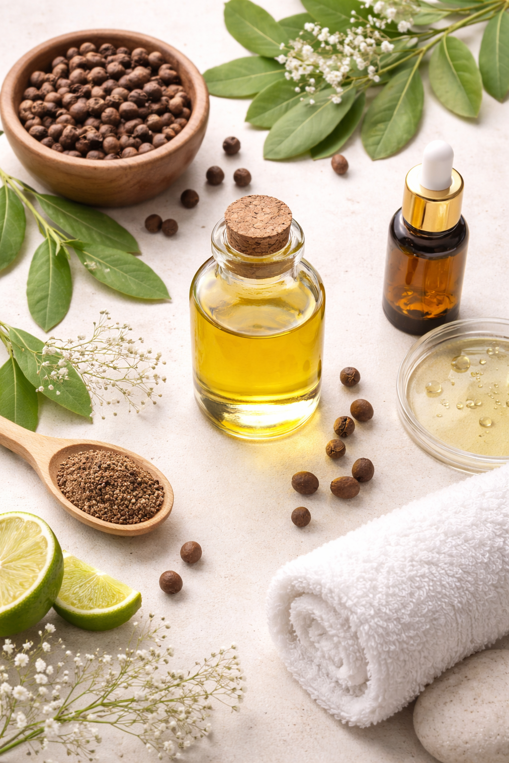 Pimento seed oil skincare ingredient with allspice berries and botanical herbs used in natural skin barrier formulations