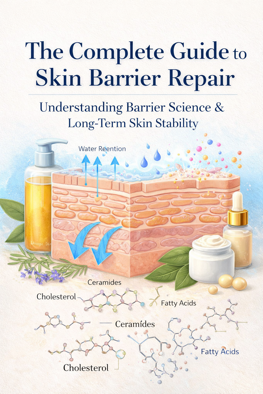Illustration showing the skin barrier structure including ceramides, fatty acids, cholesterol, and moisture retention in healthy skin.