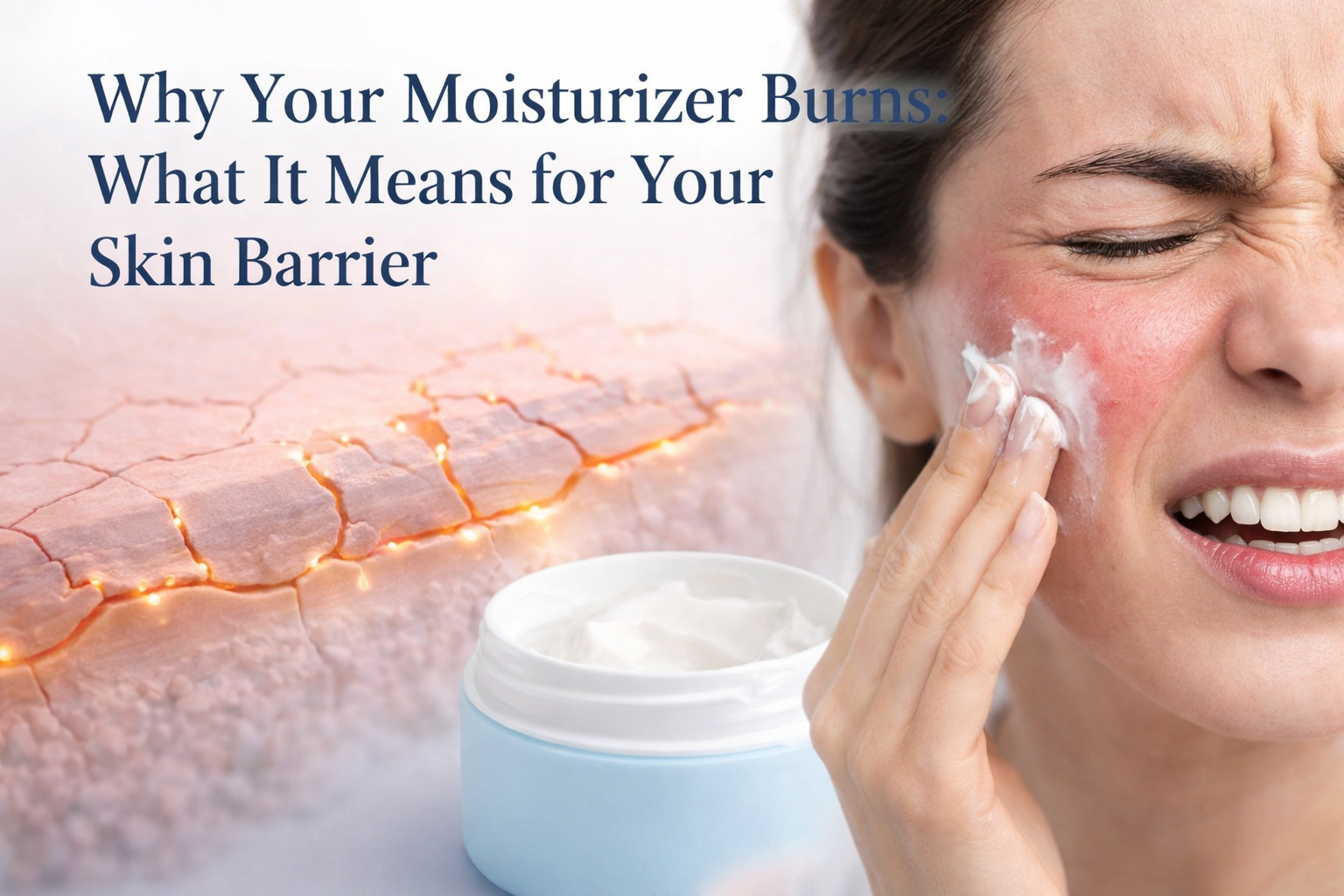 Woman applying moisturizer experiencing burning sensation from damaged skin barrier