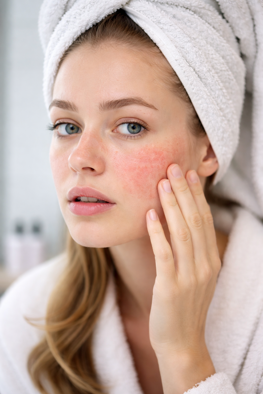 Close-up of woman touching red irritated cheek illustrating symptoms of a damaged skin barrier and skin sensitivity.