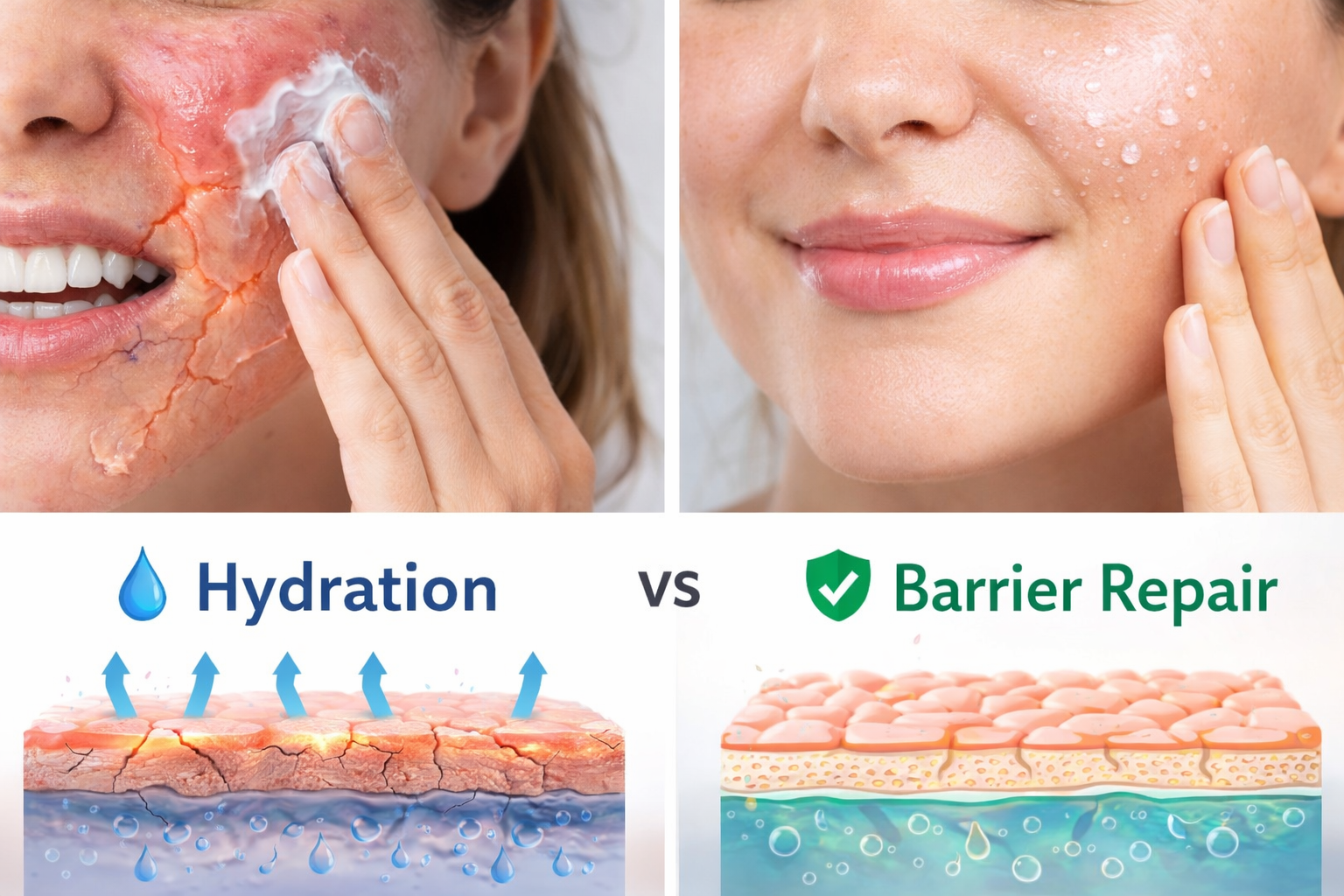 Comparison showing dehydrated irritated skin versus healthy repaired skin barrier illustrating the difference between hydration and barrier repair in skincare
