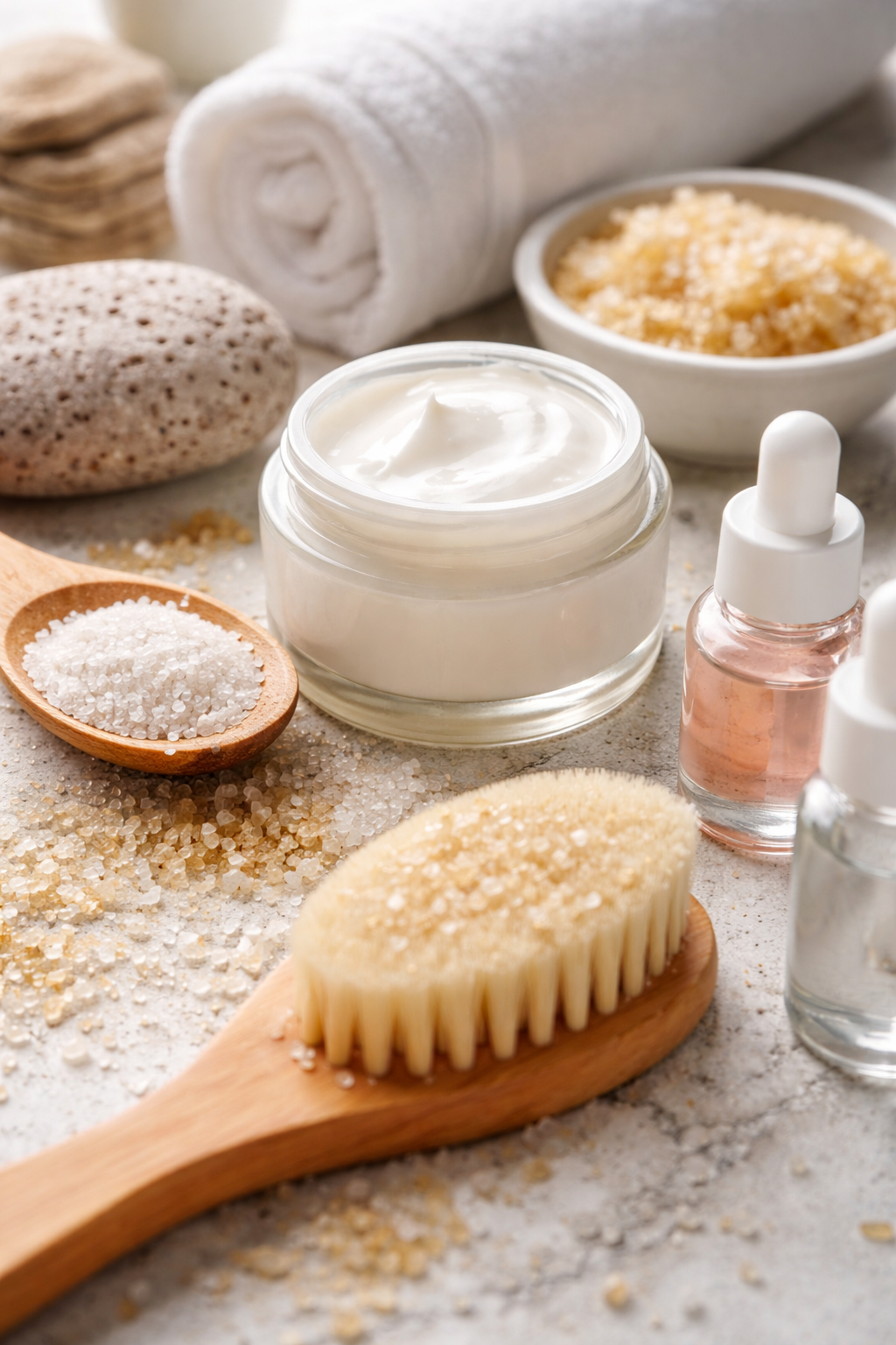 Skincare products with exfoliating tools including sugar scrub, facial brush, and moisturizer showing effects of over-exfoliation on the skin barrier
