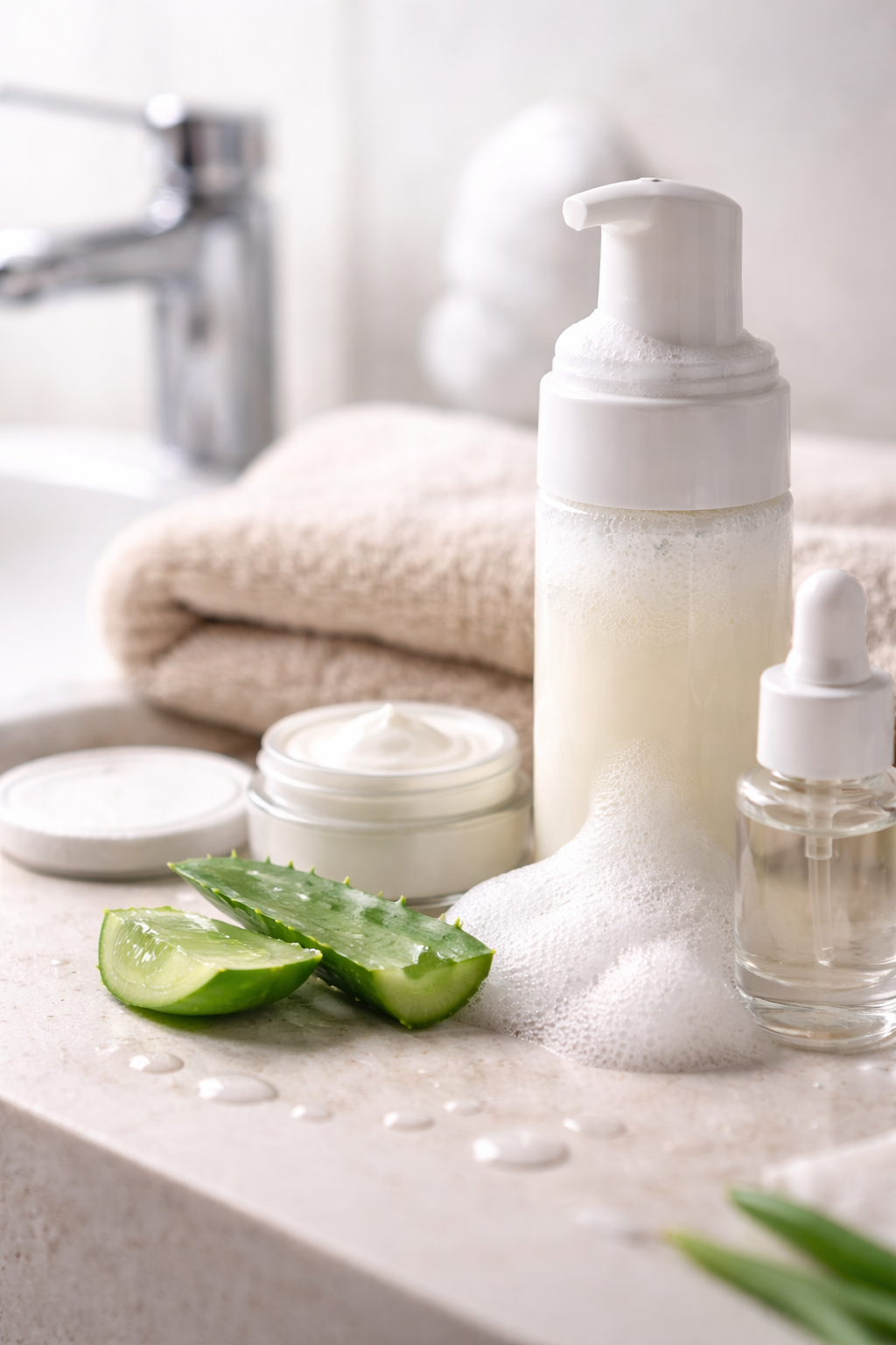 Foaming cleanser and skincare products showing potential skin barrier irritation from cleansing
