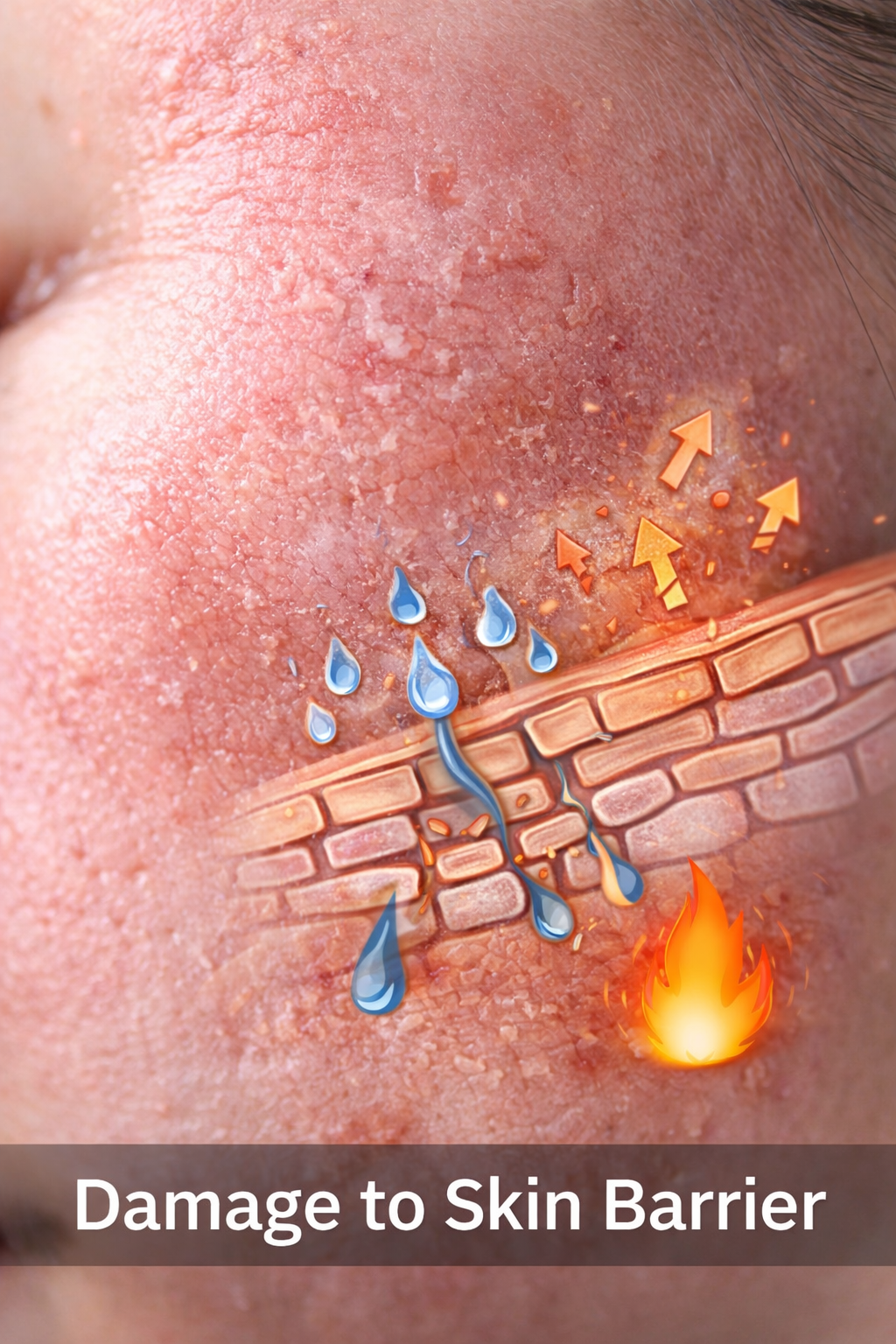 Damaged skin barrier with dryness, irritation, and moisture loss illustrated