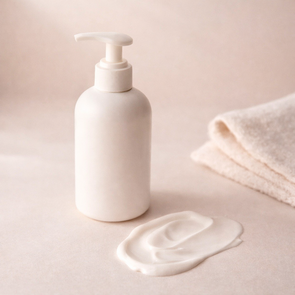 Gentle cream cleanser in a soft neutral setting with a white pump bottle, smooth cream texture, and folded towel, representing a minimalist skincare routine for sensitive skin