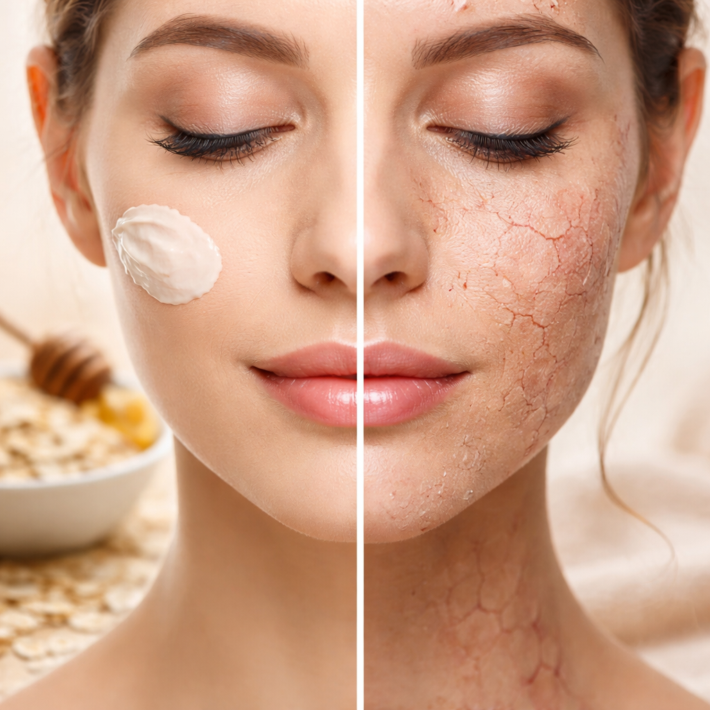 Split image showing healthy hydrated skin vs dry damaged skin barrier with oatmeal skincare concept