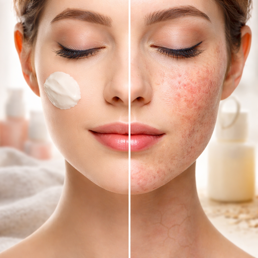 Split image showing calm hydrated skin with moisturizer vs red irritated itchy skin highlighting difference between soothing and irritation