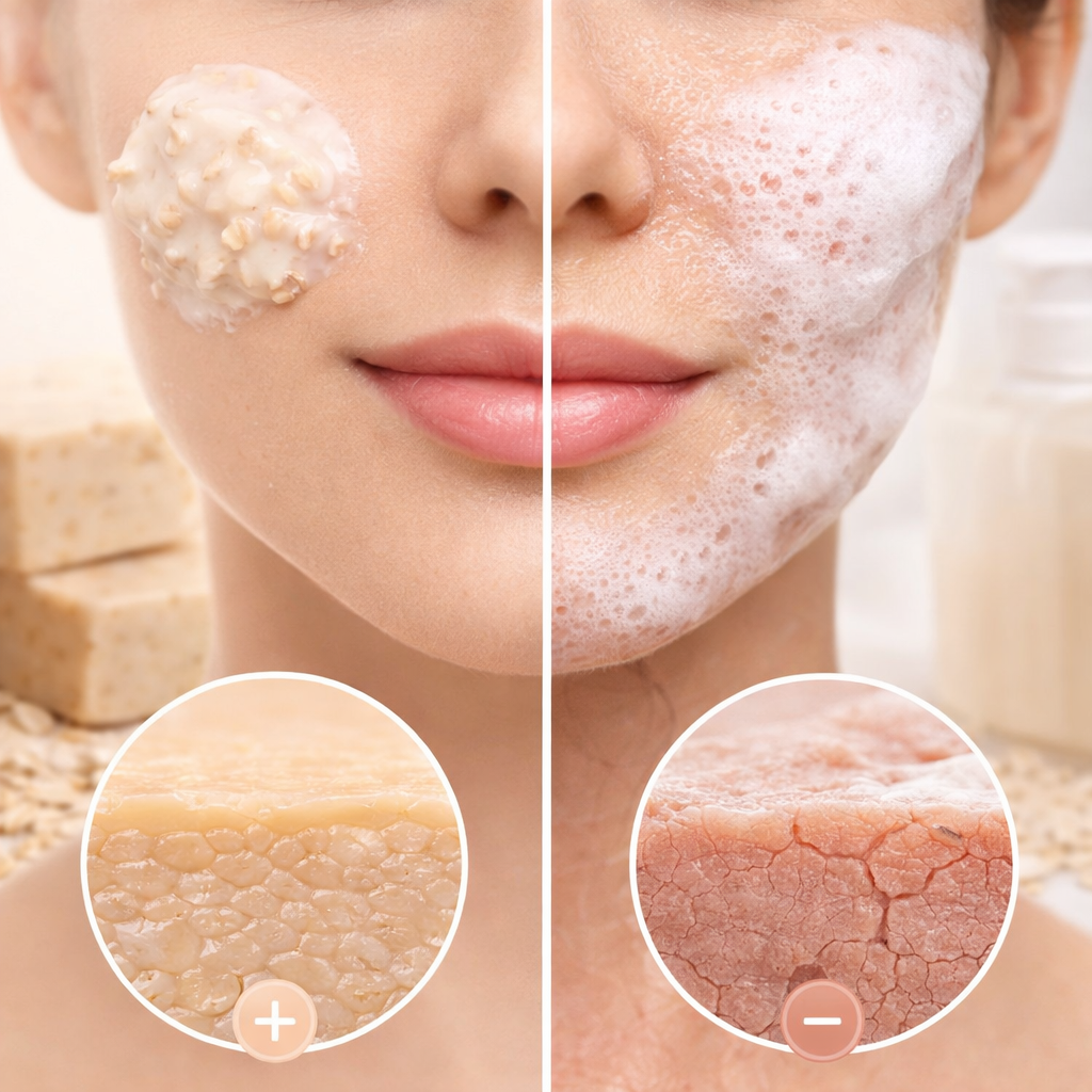 Comparison of oatmeal soap and foaming cleanser effects on skin barrier showing healthy hydrated skin vs dry compromised skin
