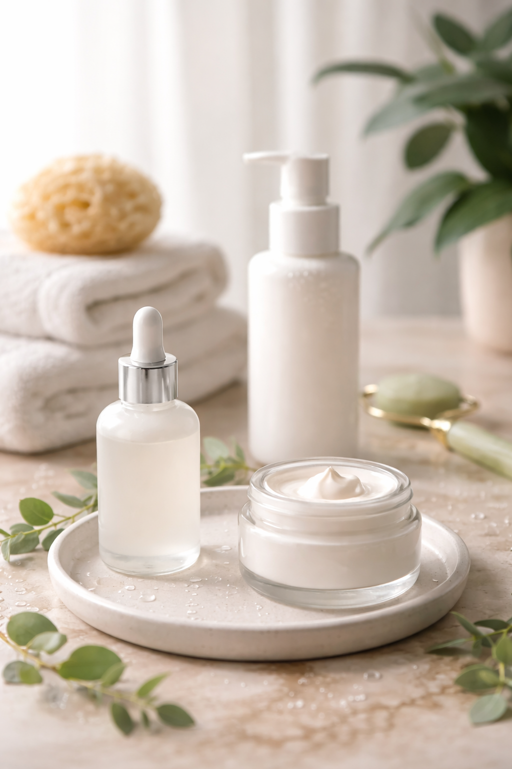 Skincare routine with moisturizer, serum, and gentle cleanser arranged on a tray, illustrating a simple routine to repair a damaged skin barrier.