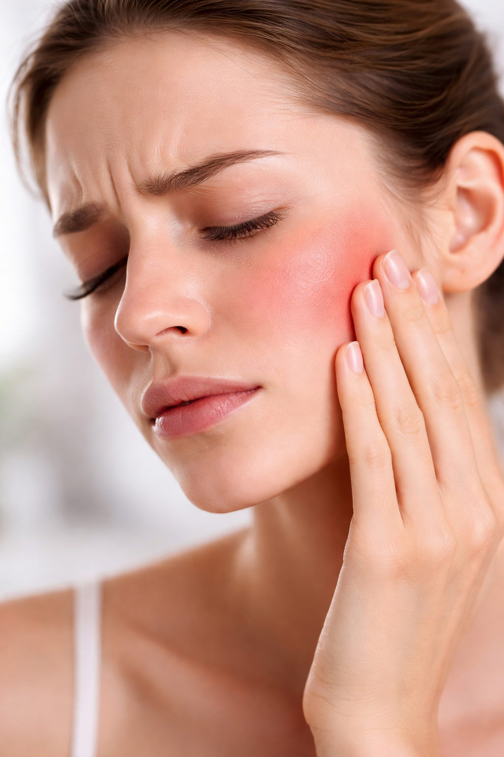 Woman touching her cheek with visible redness and irritation, showing skin burning or stinging after washing due to a compromised skin barrier.