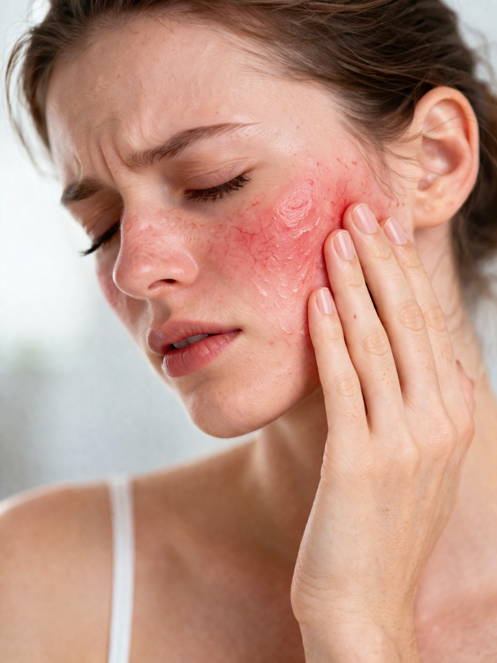 Close-up of a woman touching her cheek with visible redness, dryness, and irritation, showing a damaged skin barrier and sensitivity.