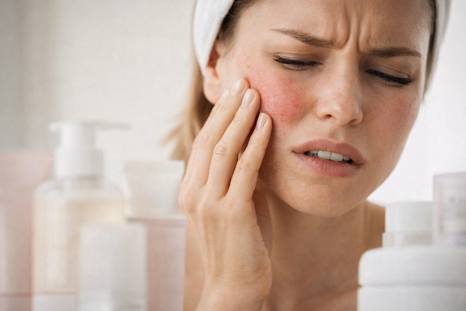 Close-up of woman with red, irritated skin barrier damage on cheek, experiencing burning and sensitivity from skincare.”