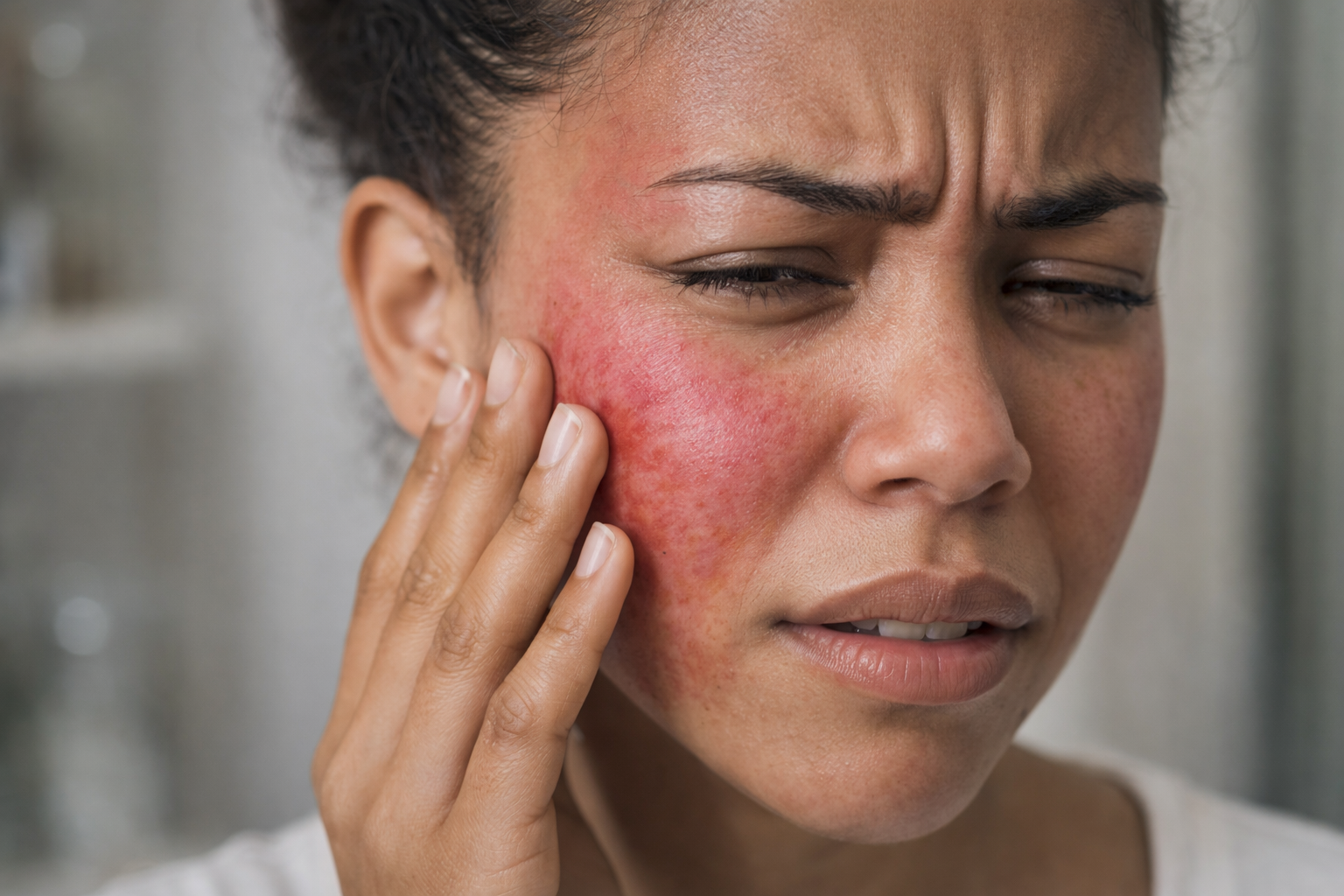 Close-up of inflamed, sensitive facial skin showing signs of a damaged skin barrier and product irritation