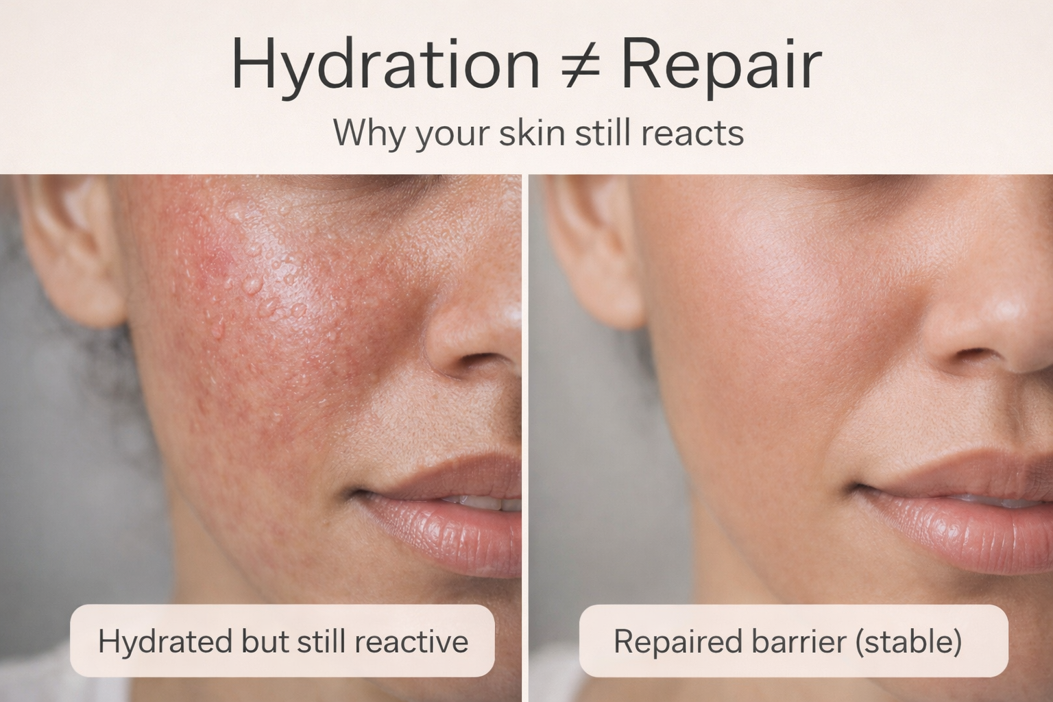 Comparison of hydrated but irritated skin versus calm repaired skin barrier showing that hydration alone does not fix skin barrier damage
