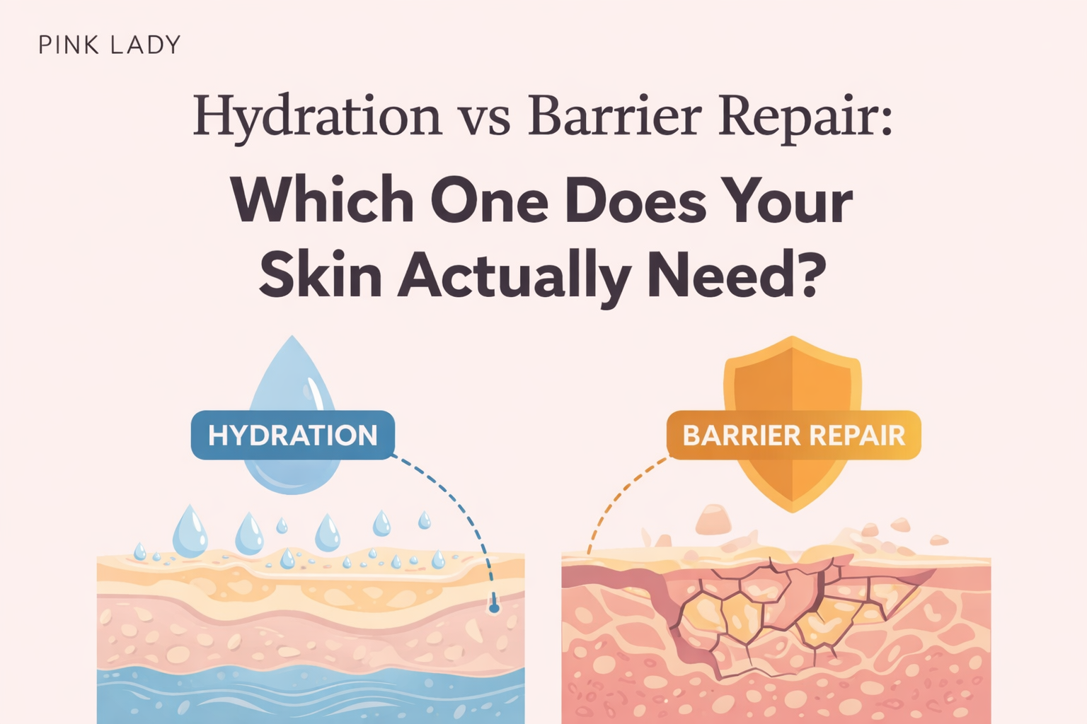 Hydration vs barrier repair diagram showing difference between hydrated skin and damaged skin barrier with cracks and protective layer illustration