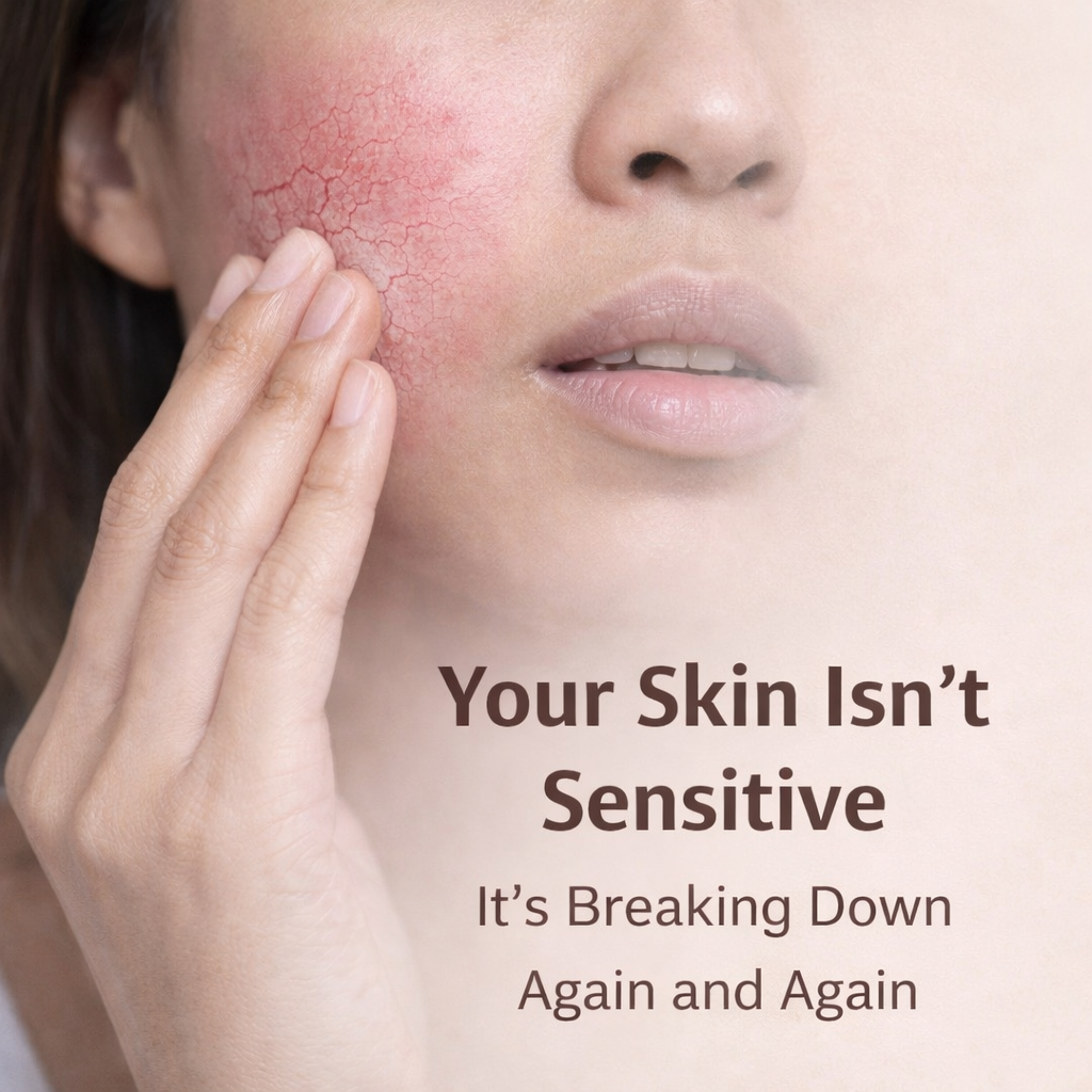 Woman touching irritated facial skin showing redness and sensitivity, representing a damaged skin barrier and recurring skincare irritation