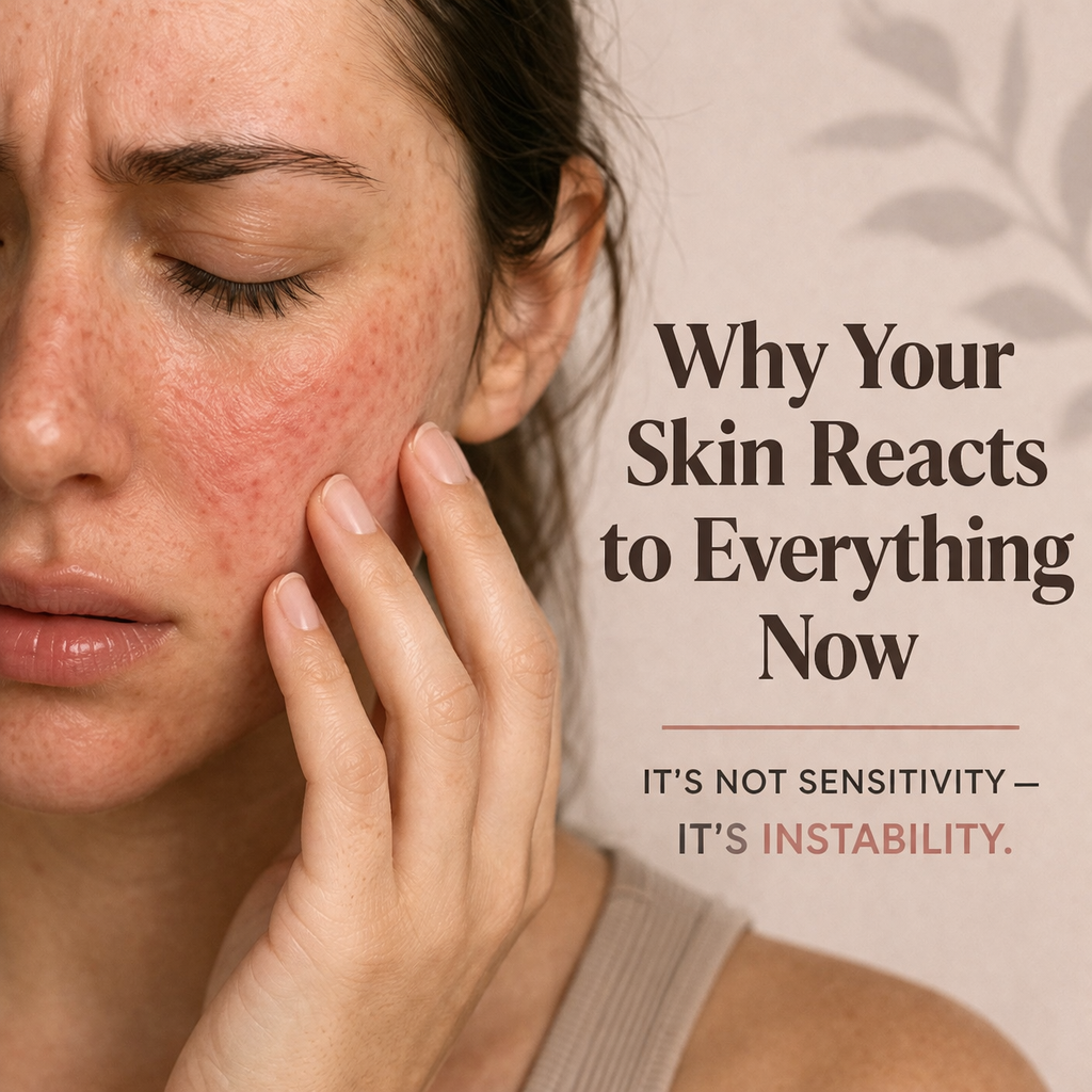 Woman touching face with irritated skin, representing increased skin sensitivity and damaged skin barrier causing reactions to products