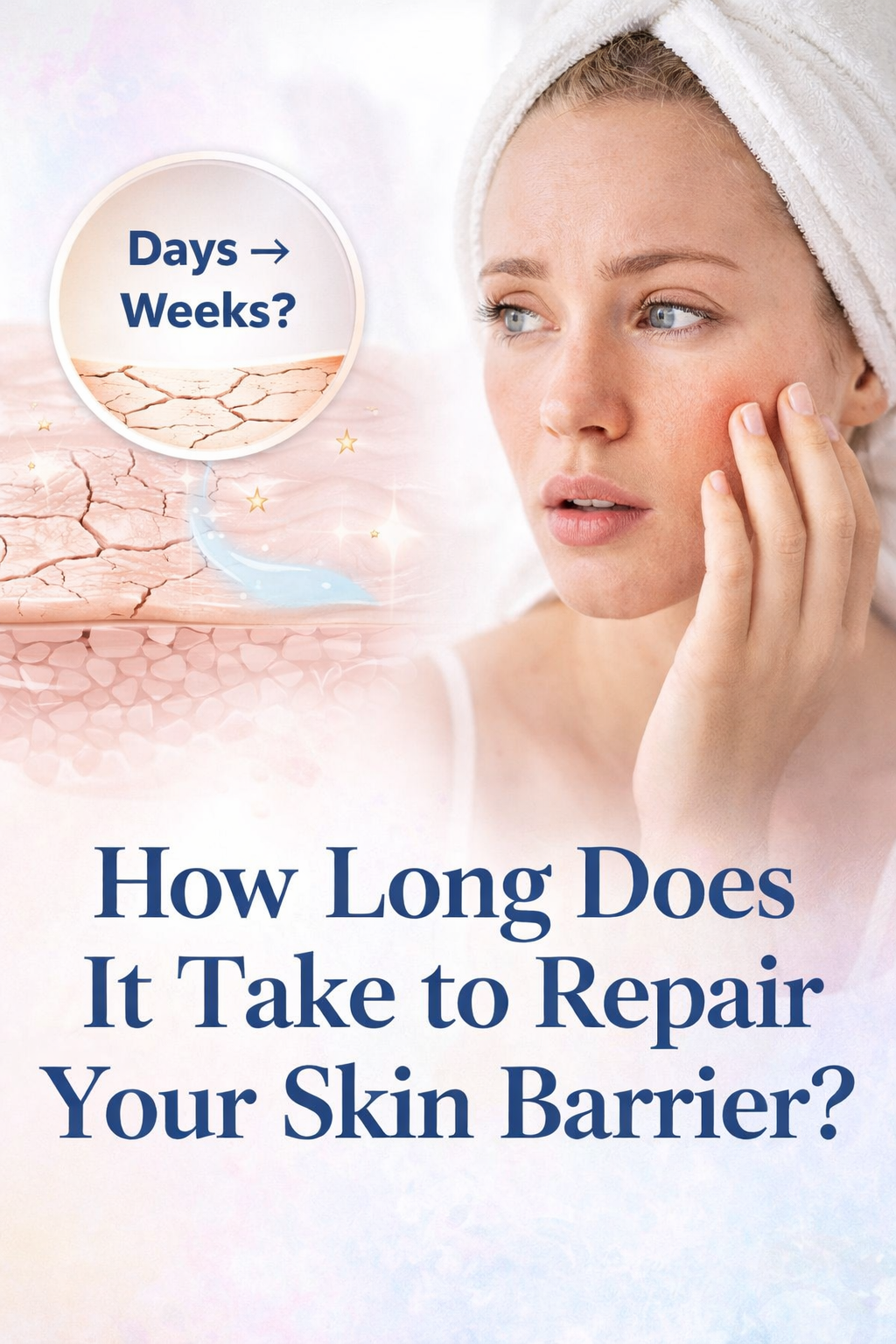 Close-up of irritated skin barrier damage on cheek with illustration of repair process from damaged to healthy skin over time.