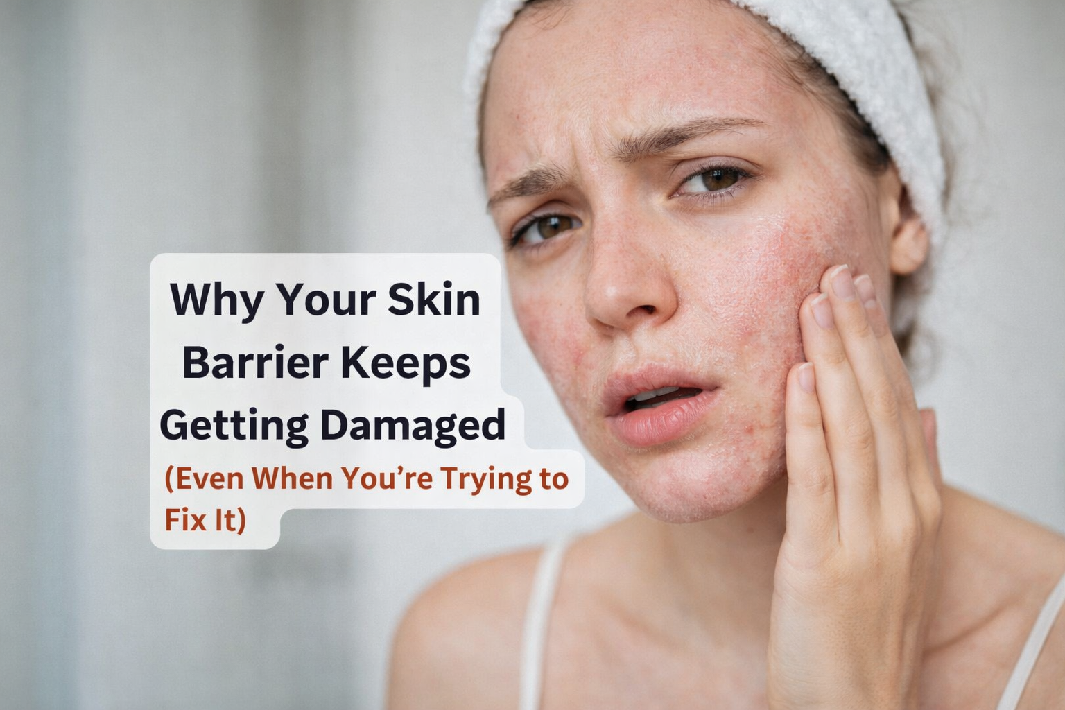 Woman with damaged skin barrier showing redness, dryness, and irritation on face while touching cheek