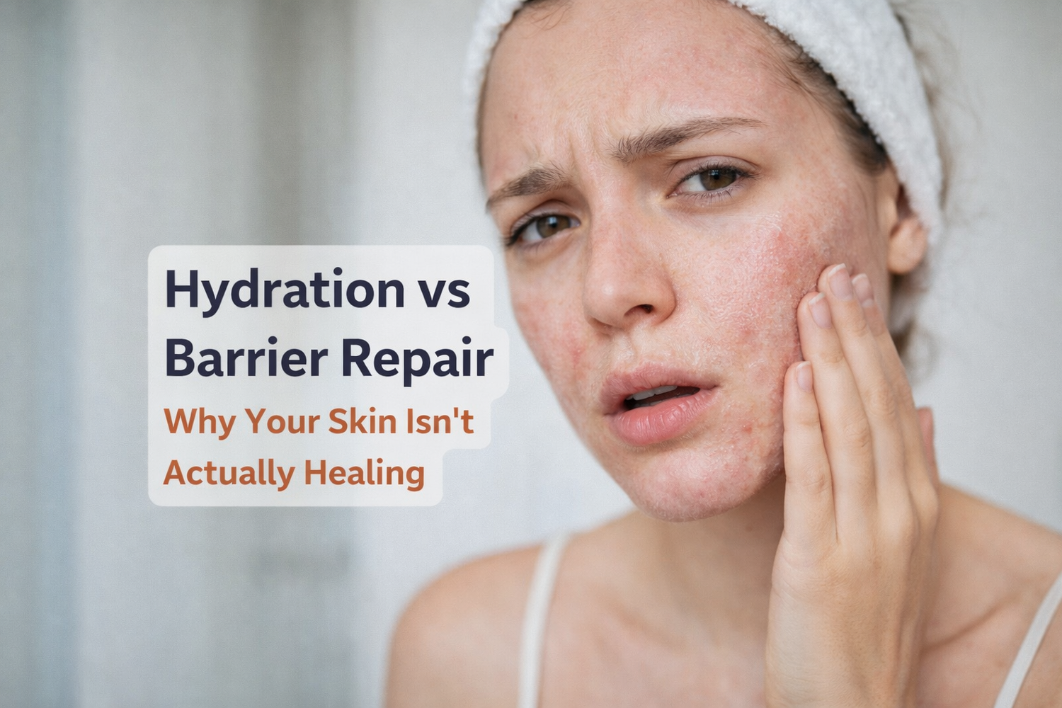 Close-up of dry, inflamed facial skin showing barrier damage, highlighting hydration vs barrier repair and why skin remains irritated despite moisturizing.