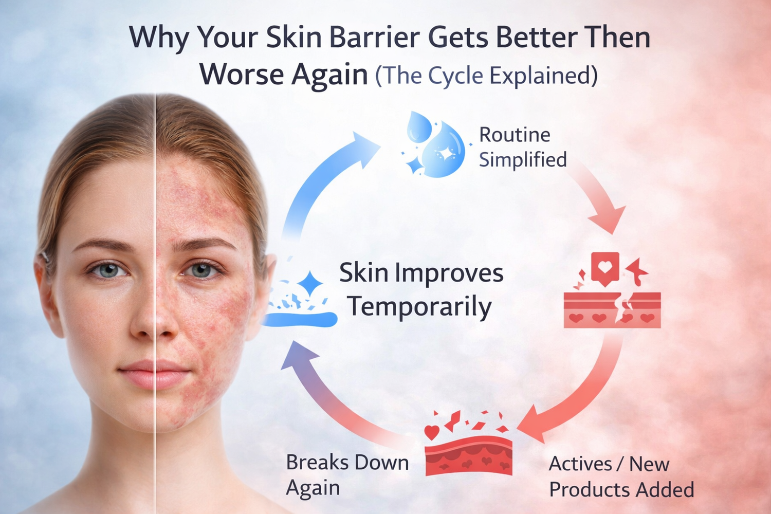 Infographic showing the skin barrier cycle where skin improves temporarily, then worsens again due to routine and product use.