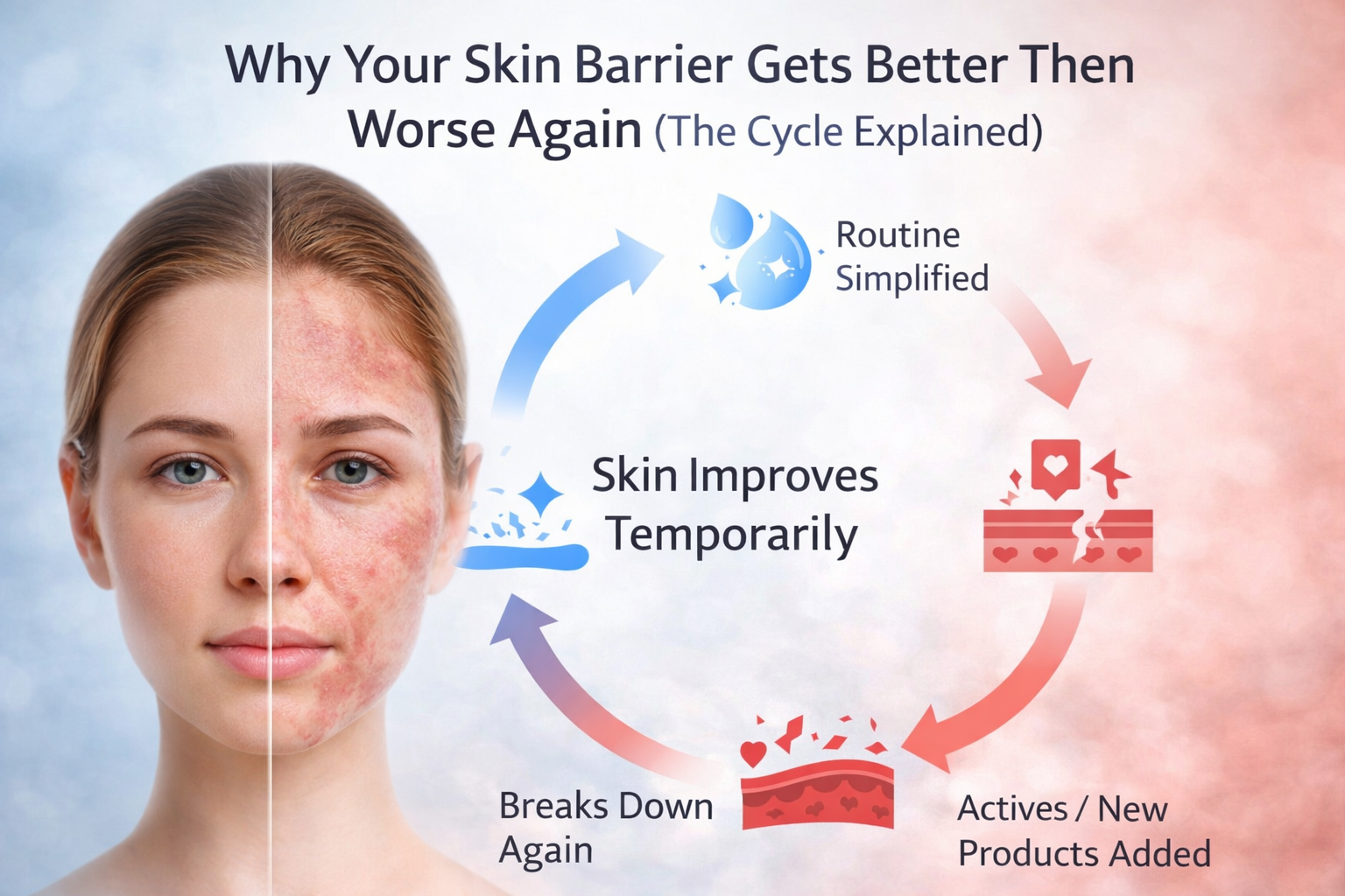Infographic showing the skin barrier cycle where skin improves temporarily, then worsens again due to routine and product use.