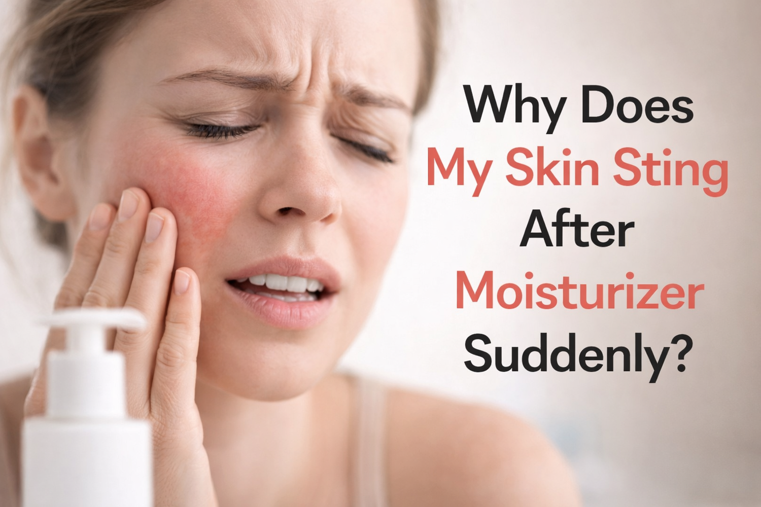 Skin stinging after moisturizer with visible redness on cheek, showing damaged skin barrier reaction.