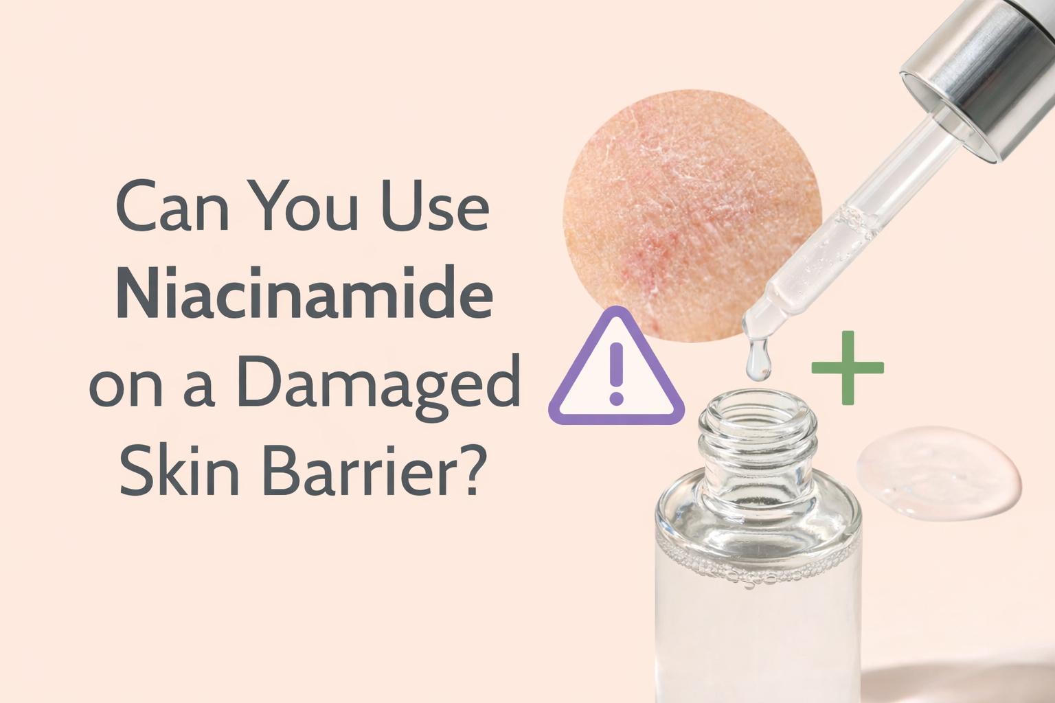 Dropper bottle of niacinamide beside irritated, damaged skin with text asking if it is safe to use on a damaged skin barrier