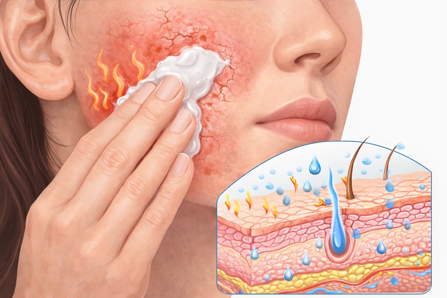 Woman applying moisturizer to irritated, red, damaged skin barrier with burning sensation and cross-section showing moisture loss and barrier damage.