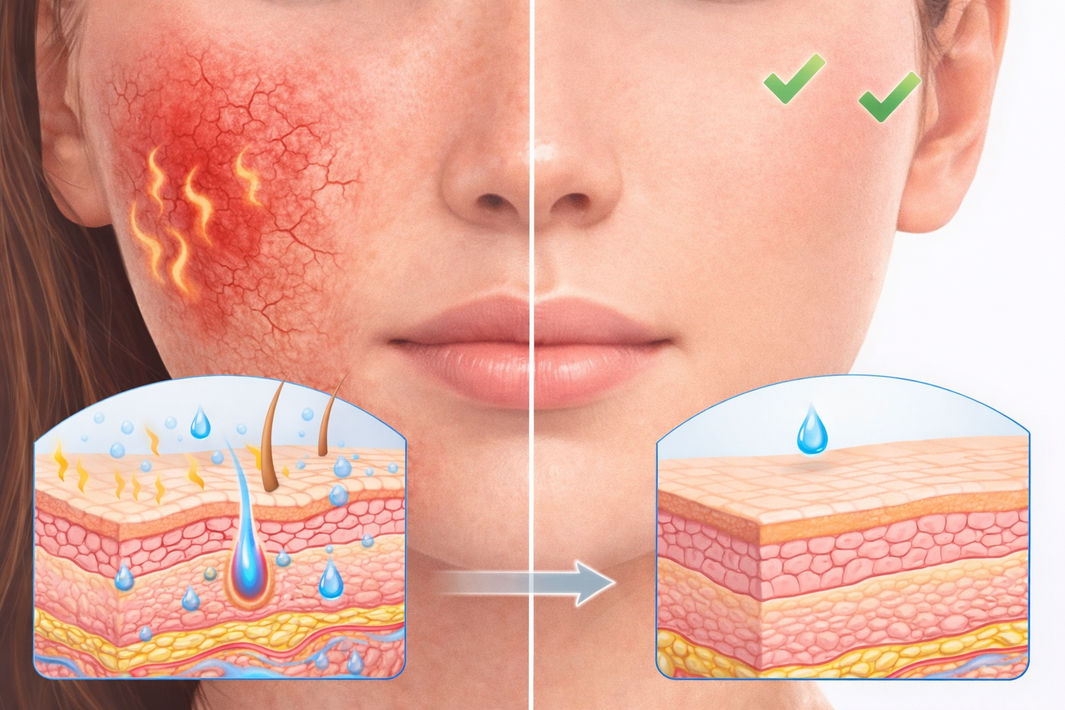 Skin barrier healing stages showing reduced irritation, improved hydration, and gradual recovery from damaged to stabilized skin barrier.