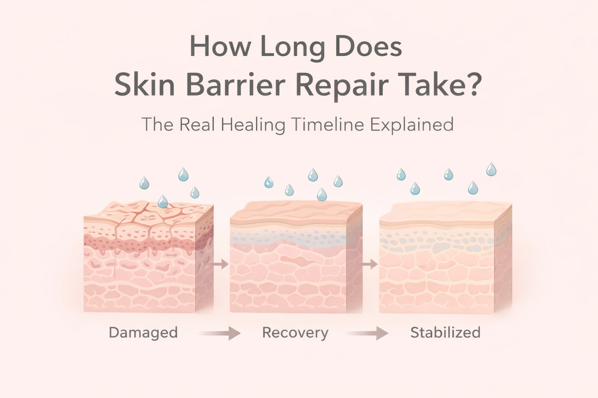 Skin barrier repair timeline showing damaged skin progressing through recovery to stabilized, healthy skin