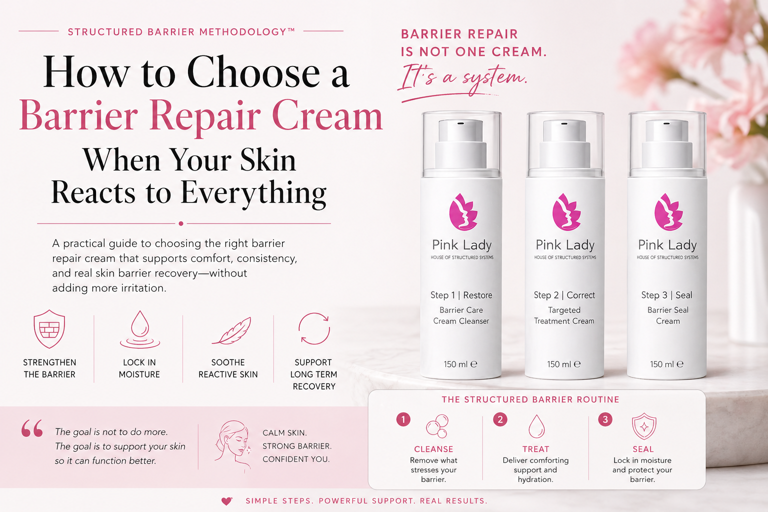 Pink Lady 3-step barrier repair skincare system with cleanser, treatment cream, and barrier seal cream”