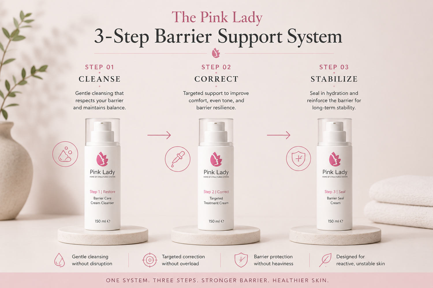 Pink Lady 3-Step Barrier Support System featuring Step 1 Cleanse, Step 2 Correct, and Step 3 Stabilize for reactive and damaged skin barrier support.