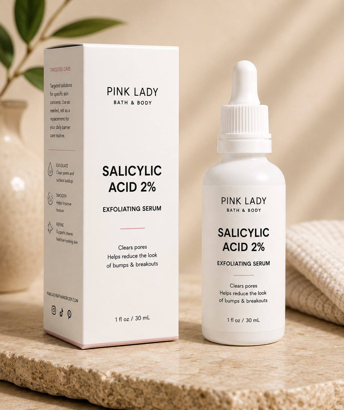 Pink Lady Salicylic Acid 2% Exfoliating Serum with retail packaging box