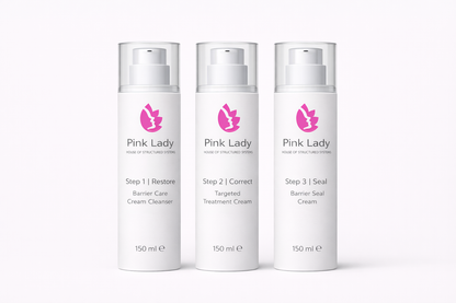 Pink Lady 3-Step Skin Barrier Repair System with Restore, Correct and Seal skincare products.