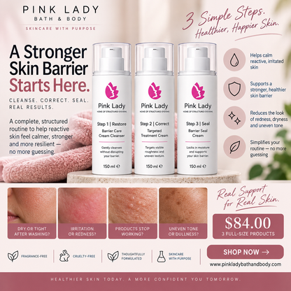 Pink Lady 3-Step Skin Barrier Repair System with Restore, Correct and Seal products for dry, reactive and barrier-stressed skin.