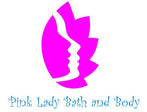 Pink Lady Bath and Body logo. Handmade soaps and natural bath products brand, featuring a magenta/pink stylized leaf with two silhouettes of faces.