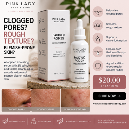 Pink Lady Salicylic Acid 2% Exfoliating Serum for clogged pores, rough texture and blemish-prone skin, shown with product packaging and skin texture examples.