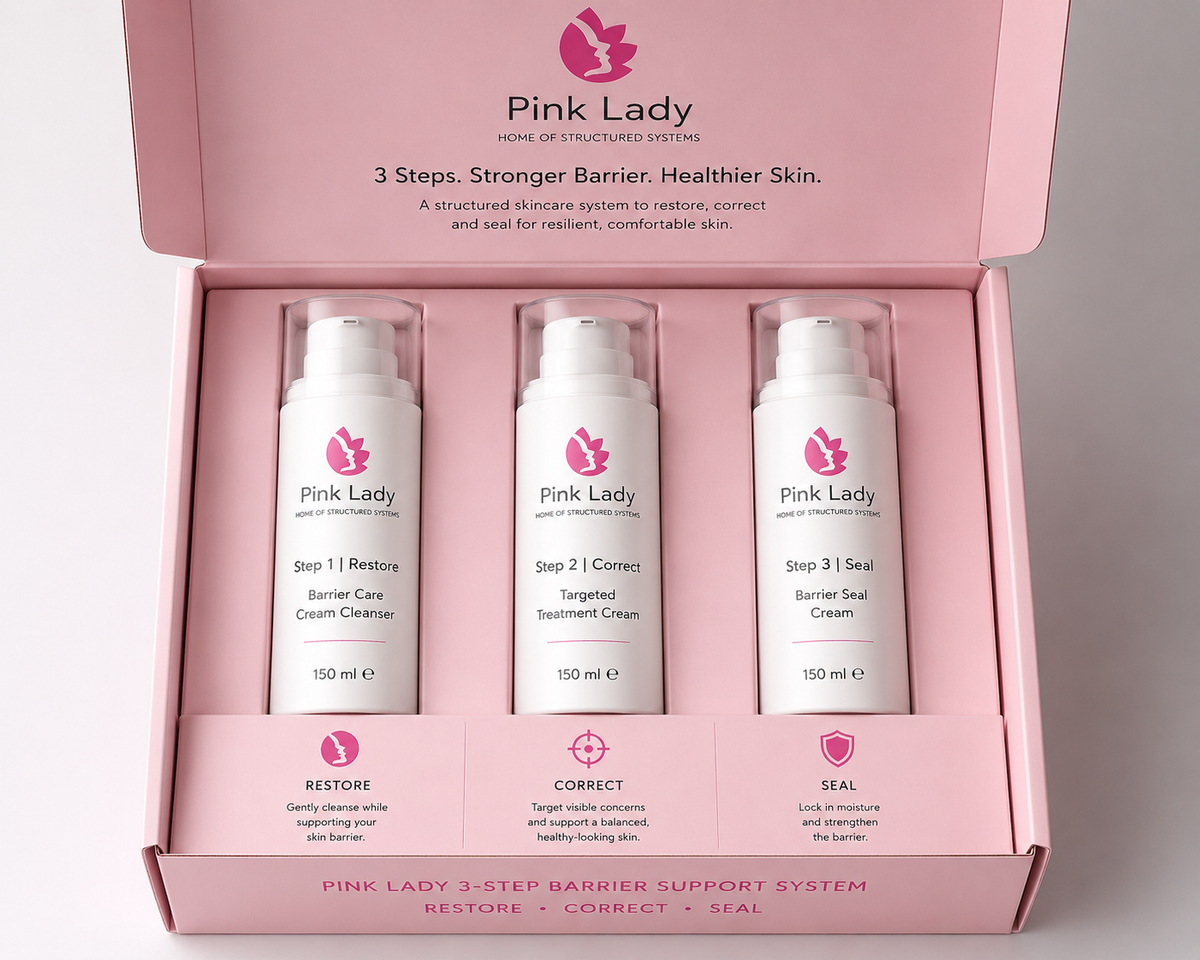 Pink Lady 3-Step Barrier Support System in pink presentation box featuring the Cleanse, Restore and Seal skincare routine.