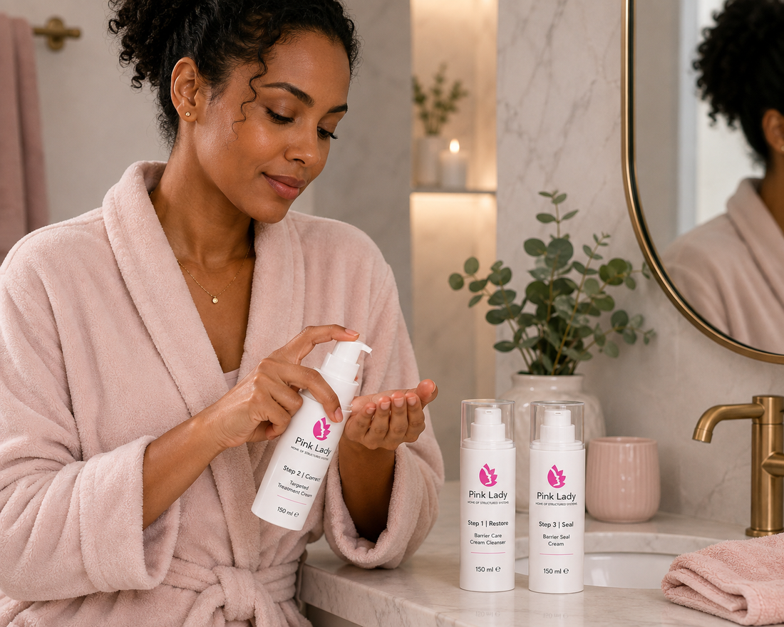 Woman using the Pink Lady 3-Step Barrier Support System as part of a Cleanse, Restore and Seal skincare routine.